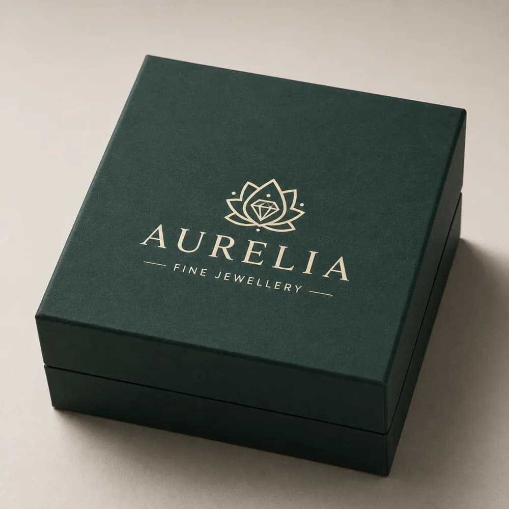 Forest green rigid jewellery box with a gold screen printed logo